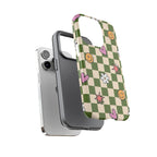 Green Checkered Floral & Smile Phone Case — Cute Heart, Daisy & Smile Pattern