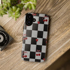 Cherry Checker Phone Case — Retro Black & White Plaid with Red Hearts