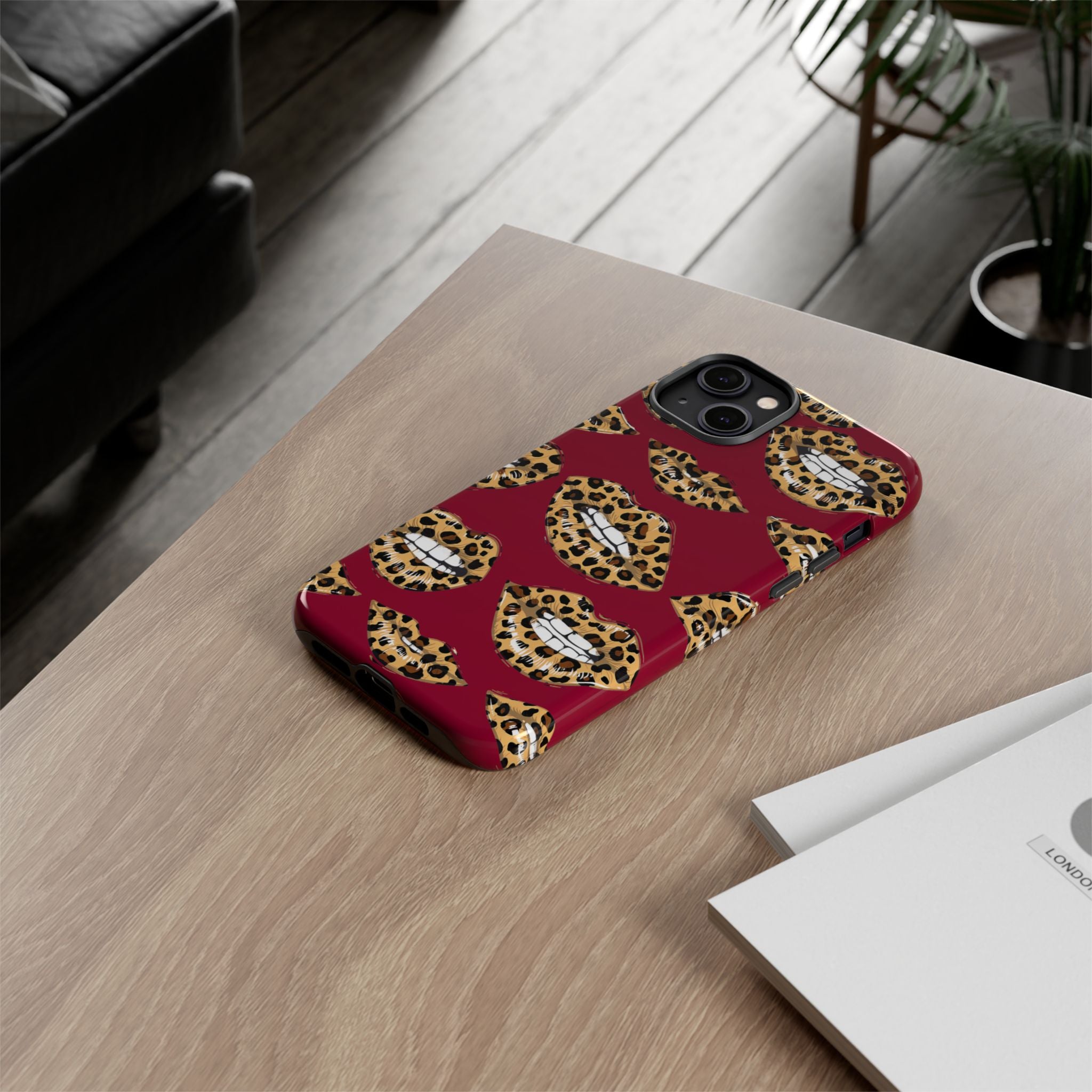 Phone Case — Leopard Lips Pattern on Burgundy