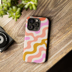 Retro Wavy Pattern Tough Phone Case — Pink, Peach & Mustard Abstract Design