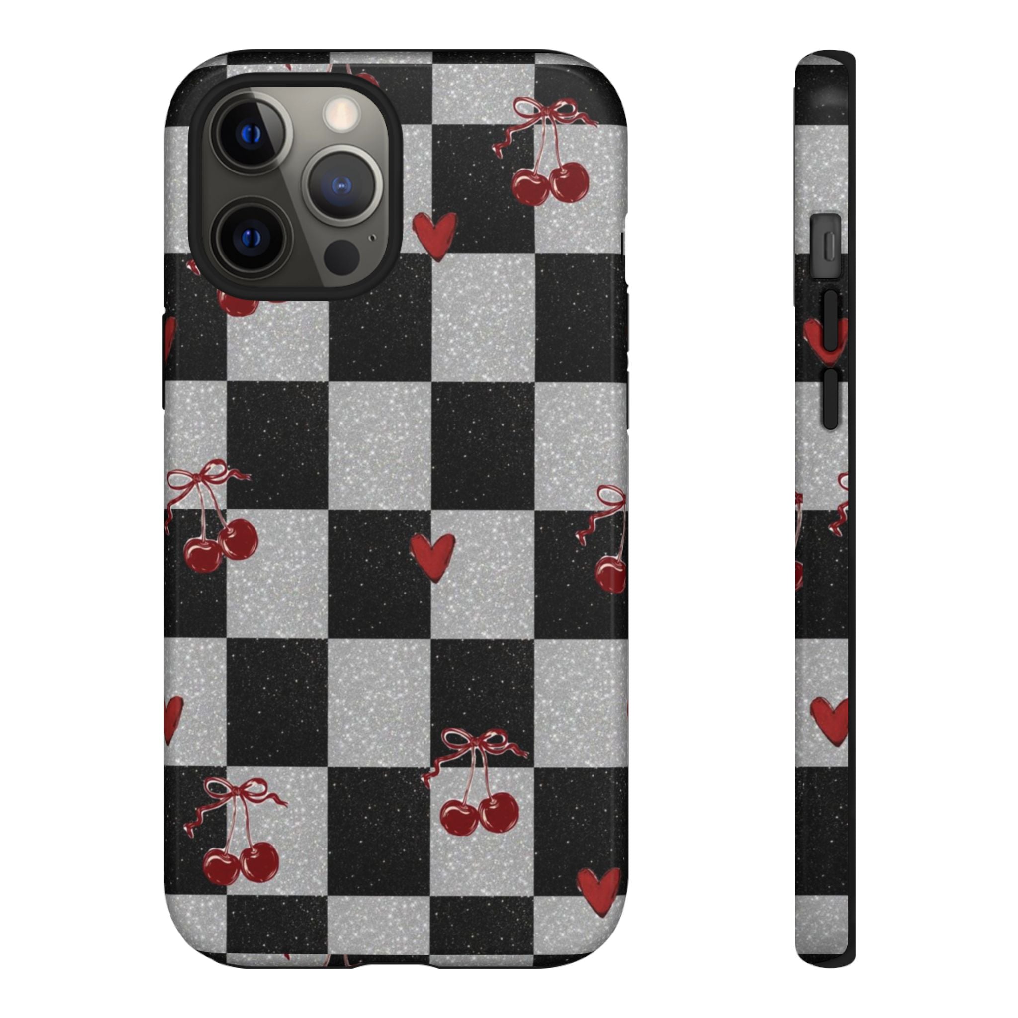 Cherry Checker Phone Case — Retro Black & White Plaid with Red Hearts