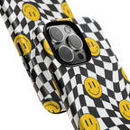 Smiley Checkerboard Tough Phone Case — Retro Wavy Black & White Design