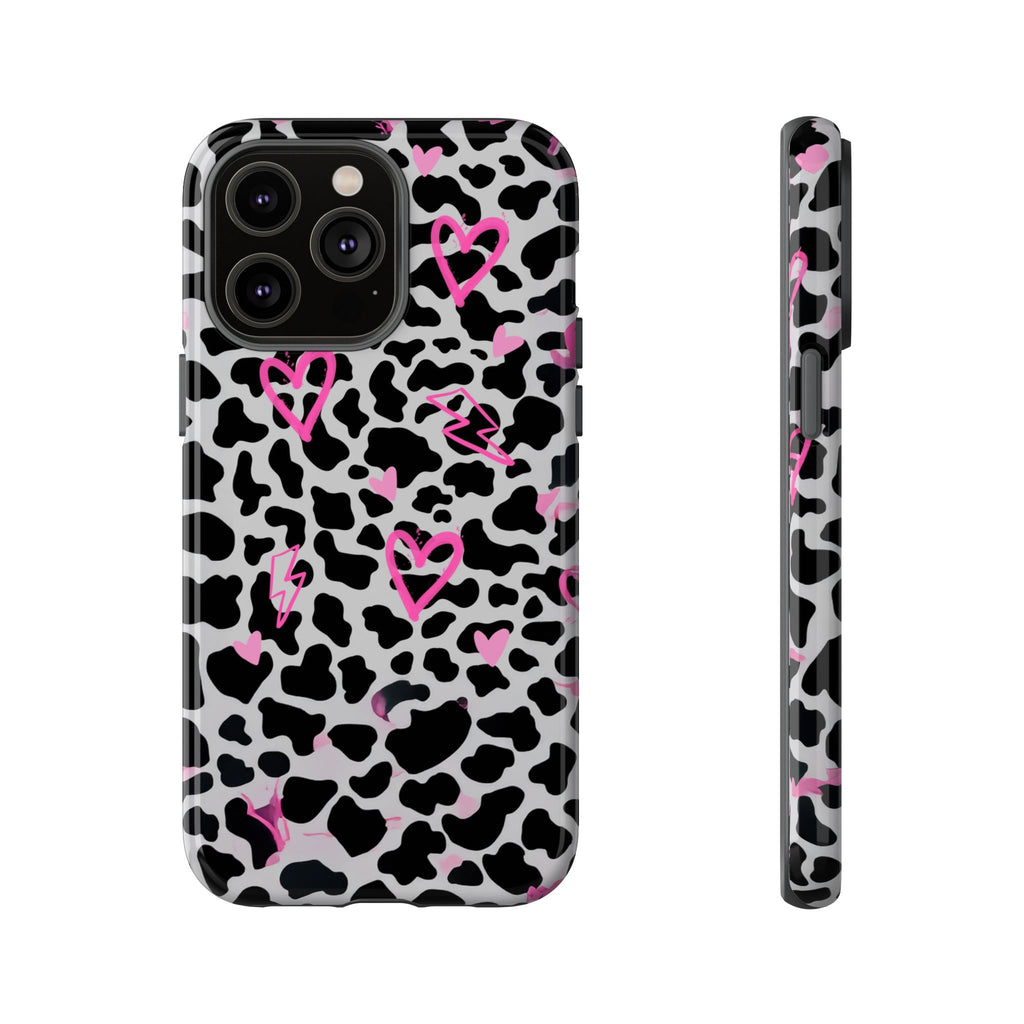 Phone Case — Black & White Cow Print with Pink Hand-Drawn Hearts