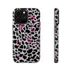 Phone Case — Black & White Cow Print with Pink Hand-Drawn Hearts