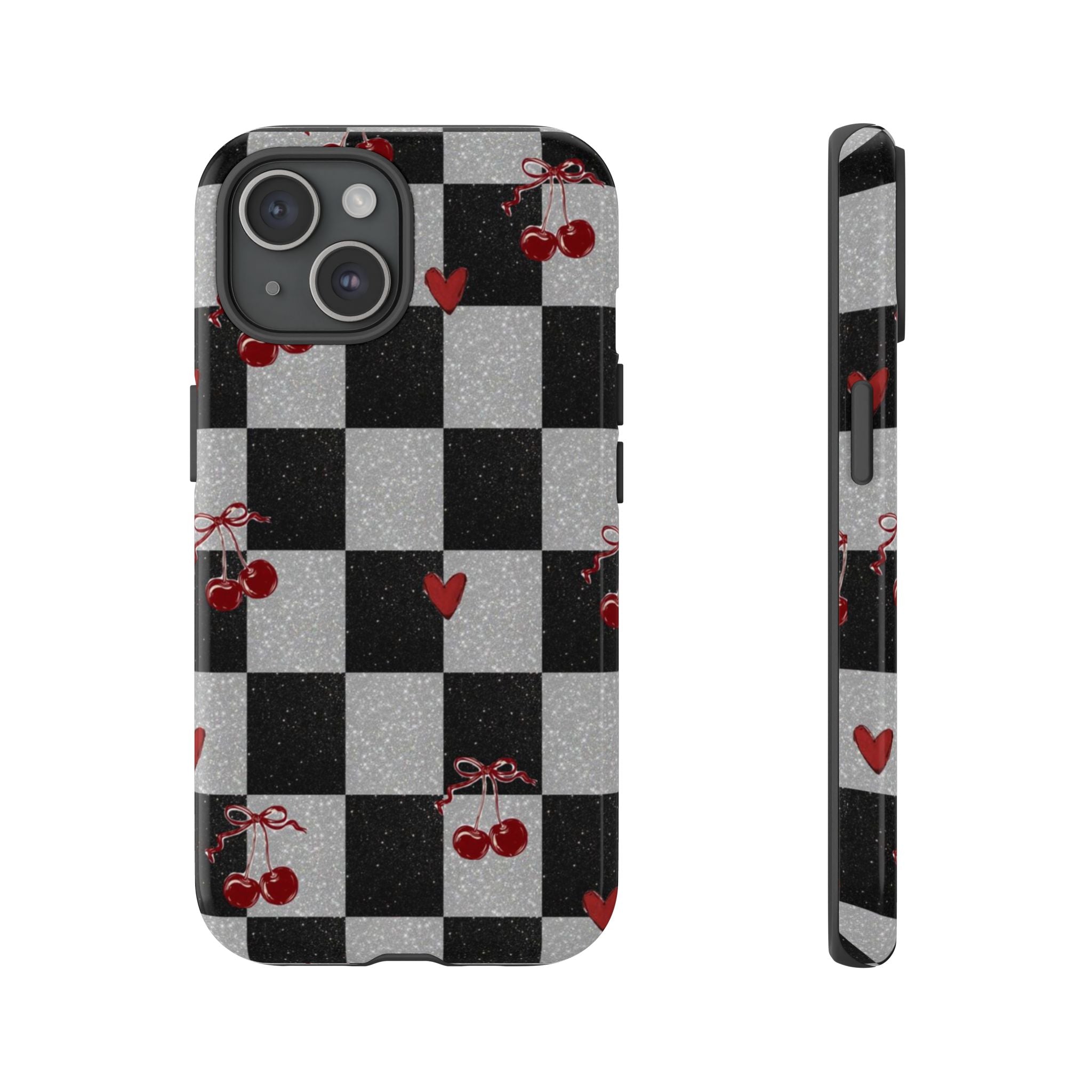 Cherry Checker Phone Case — Retro Black & White Plaid with Red Hearts