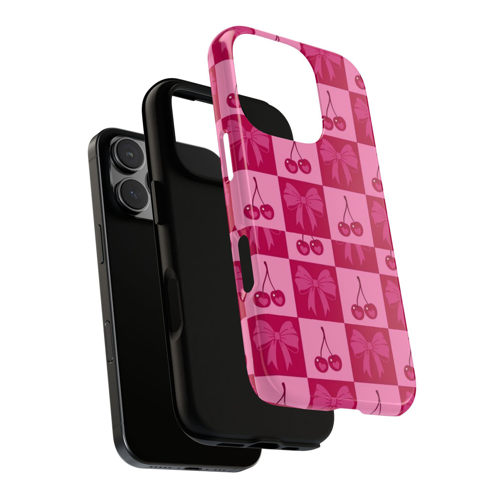 Cherry Checker Tough Phone Case — Pink Retro Bow Pattern