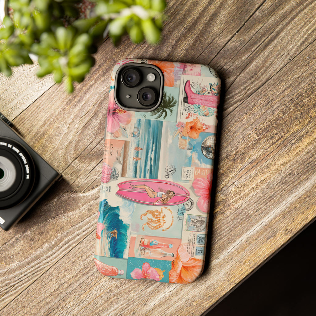 Tropical Surf Collage Phone Case — Vintage Hawaiian Floral & Surfboard Design
