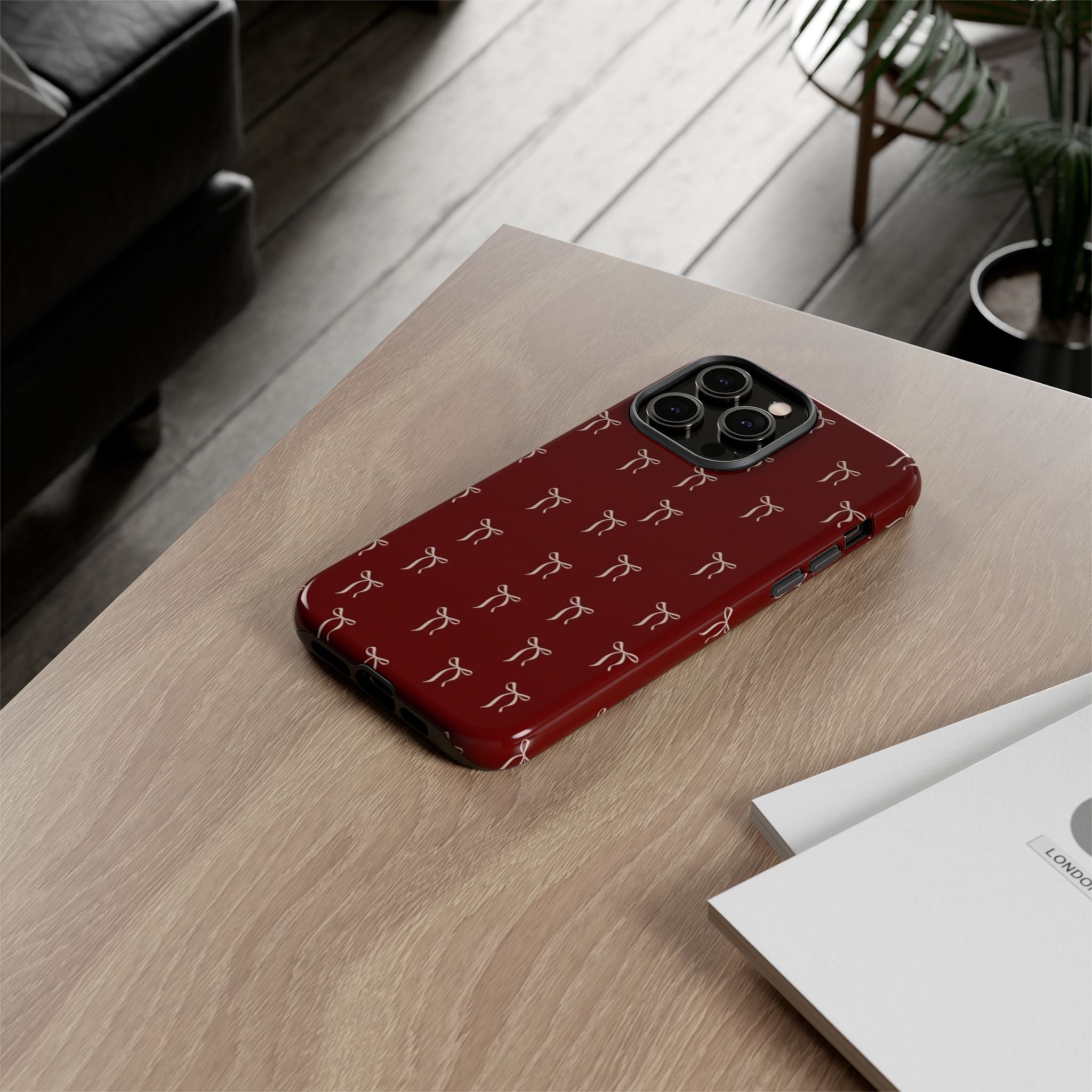 Red Bow Pattern Phone Case — Protective Tough Case with Elegant Holiday Ribbon Design