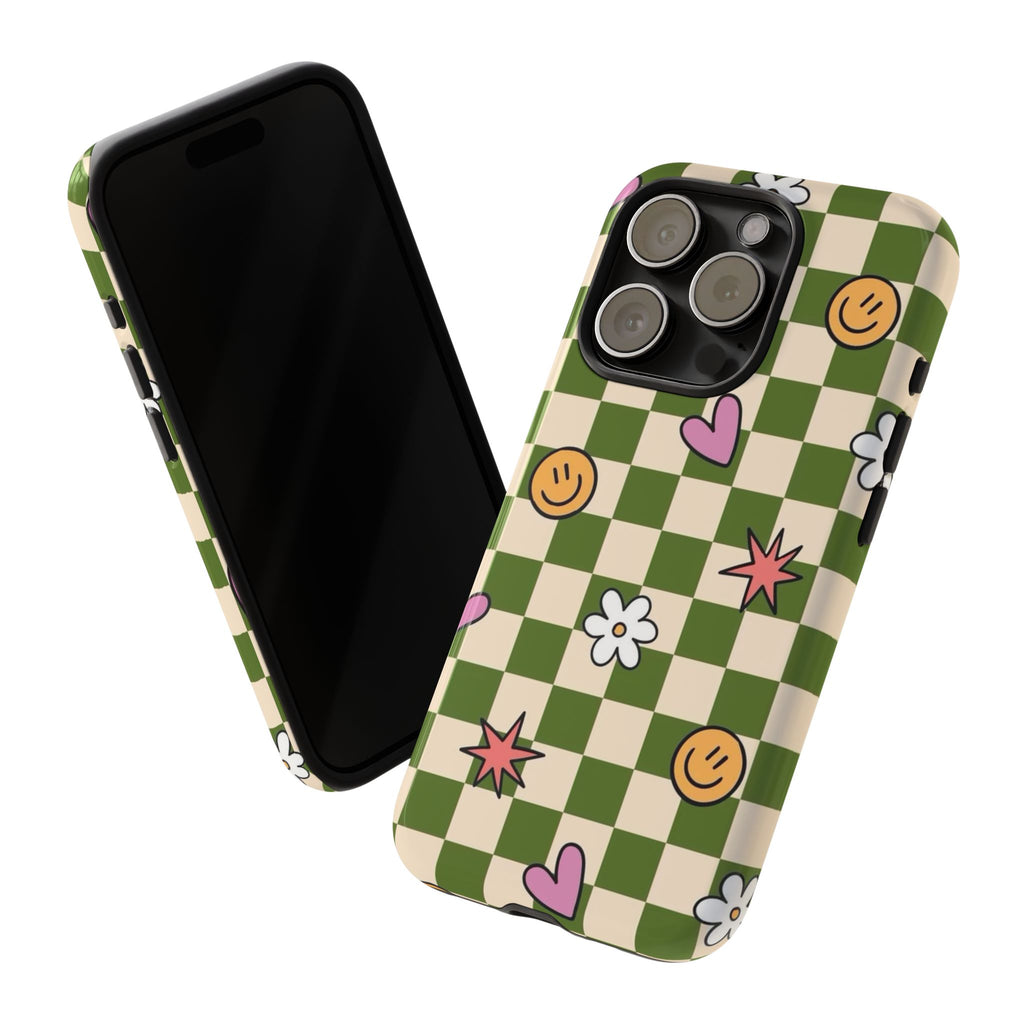 Green Checkered Floral & Smile Phone Case — Cute Heart, Daisy & Smile Pattern