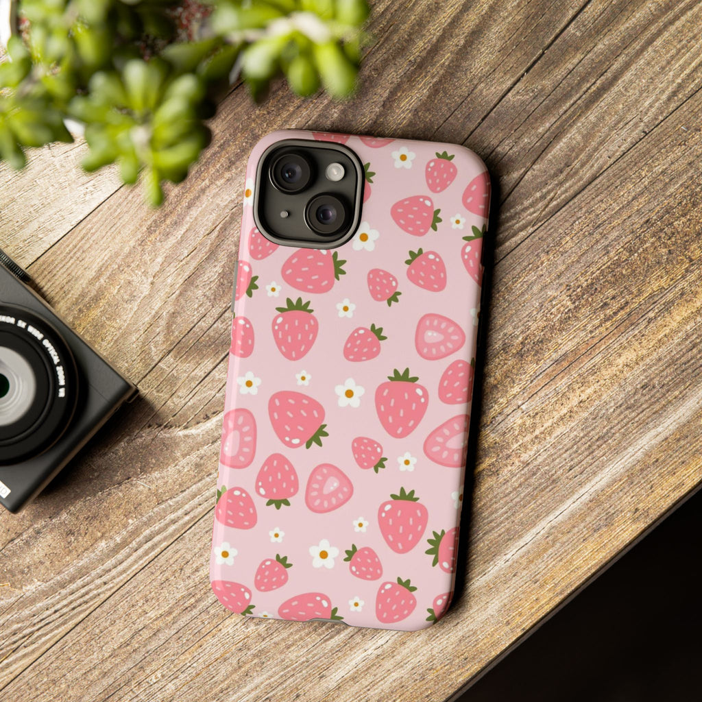 Strawberry Pattern Phone Case – Cute Pink Fruit Protective Tough Case
