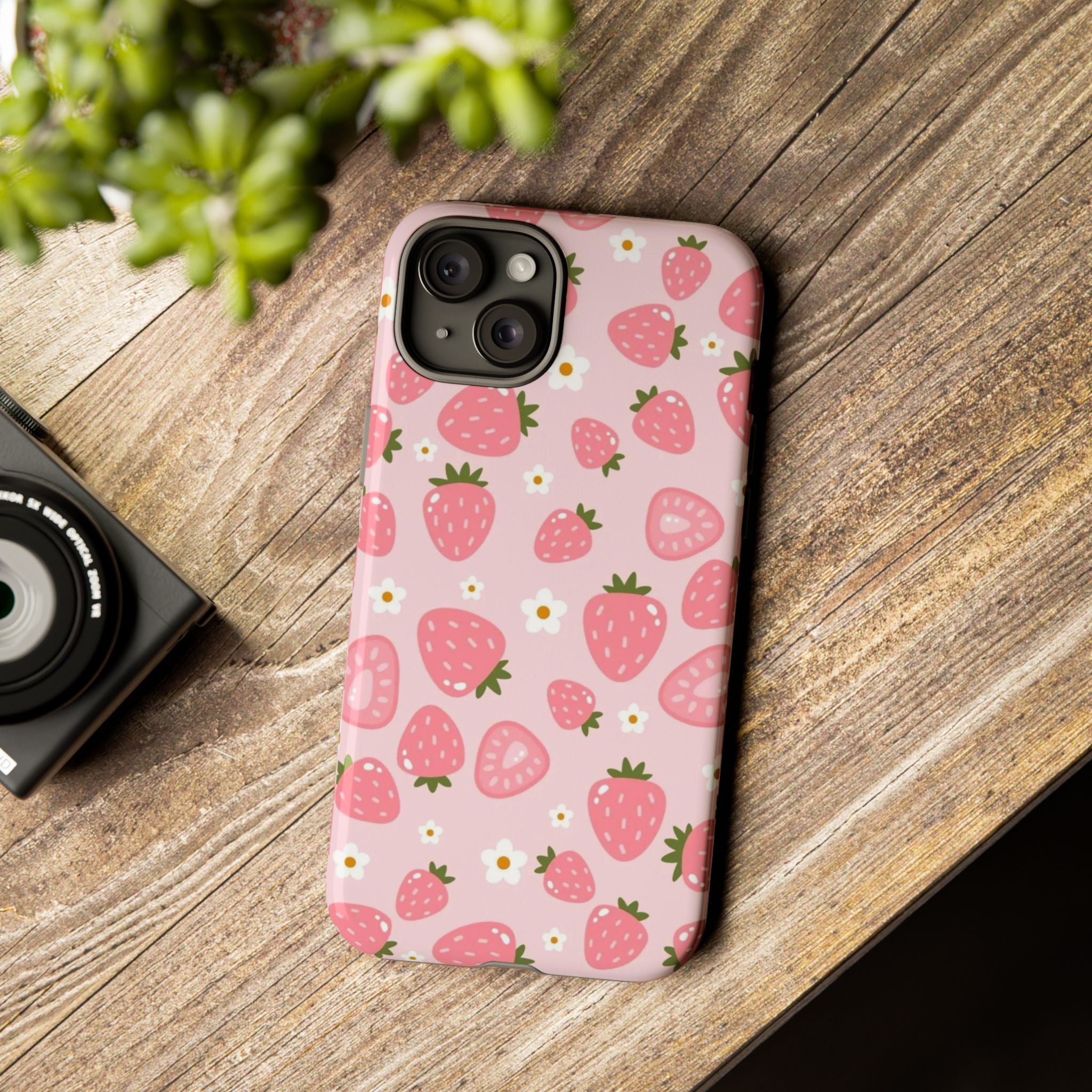 Strawberry Pattern Phone Case – Cute Pink Fruit Protective Tough Case