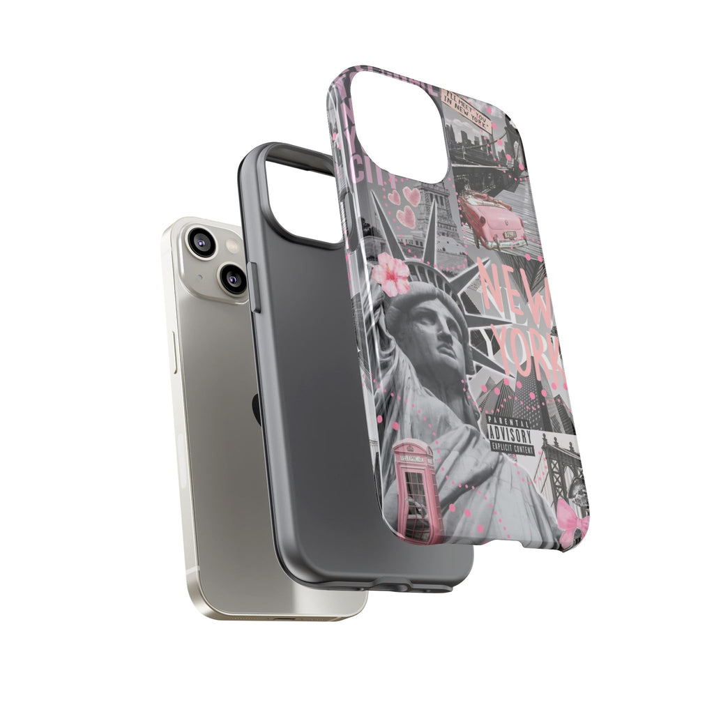 New York Collage Phone Case — Pink Retro Statue of Liberty Design