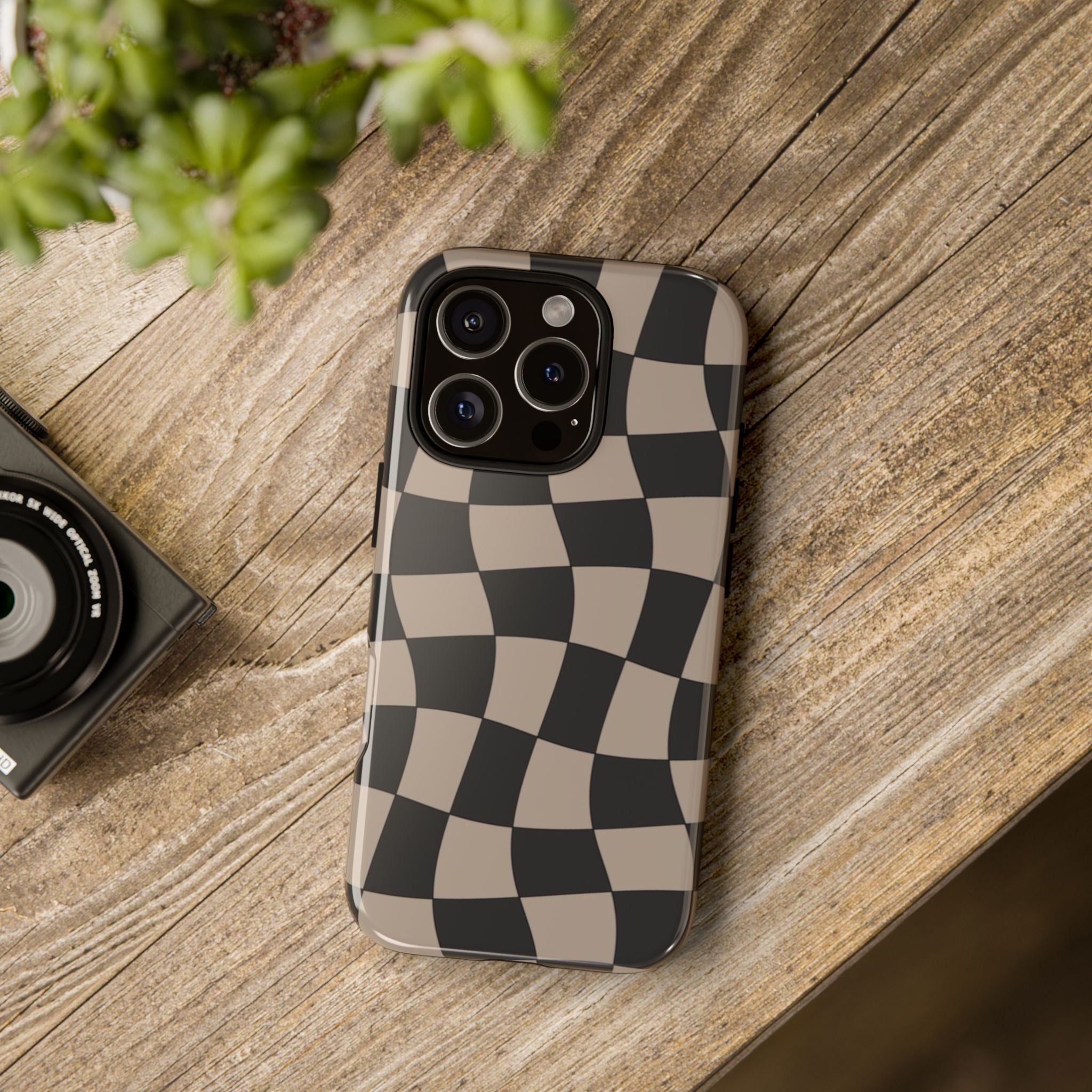 Wavy Checkerboard Phone Case — Retro Black & Beige Pattern, Durable Protective Cover