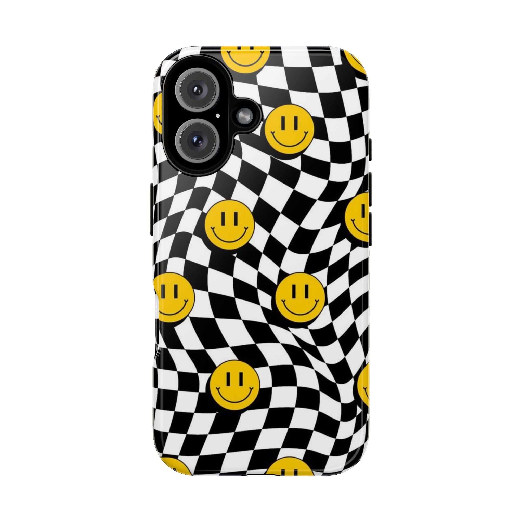 Smiley Checkerboard Tough Phone Case — Retro Wavy Black & White Design