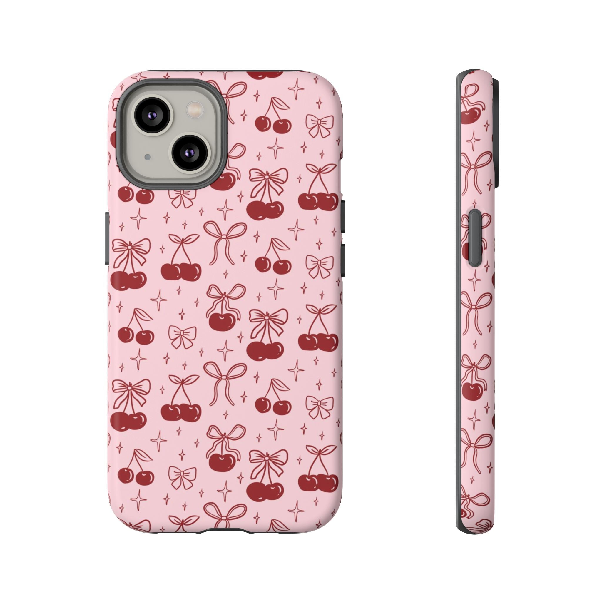 Cherry Pattern Phone Case — Cute Pink Cherries with Bows Durable Tough Case