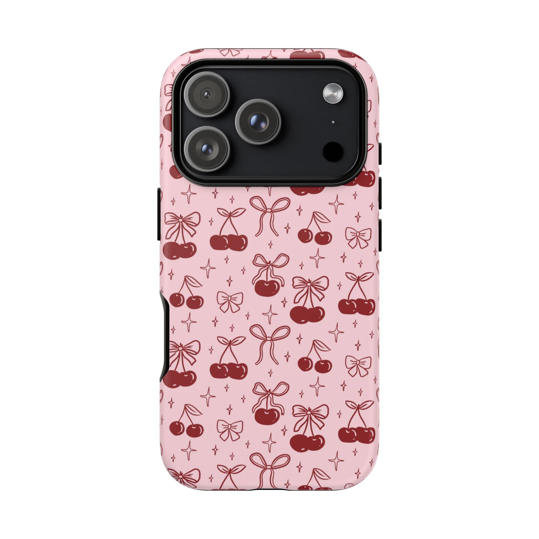 Cherry Pattern Phone Case — Cute Pink Cherries with Bows Durable Tough Case