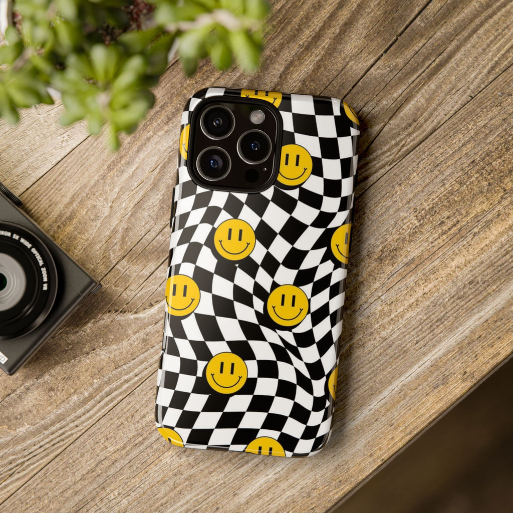 Smiley Checkerboard Tough Phone Case — Retro Wavy Black & White Design
