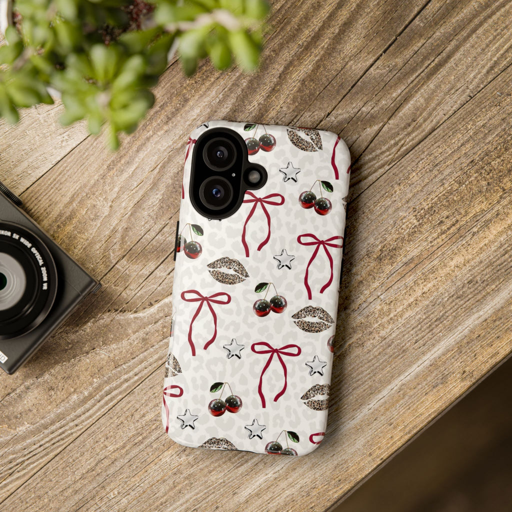 Cherry Bow Phone Case — Retro Cherry & Lips Pattern iPhone Cover