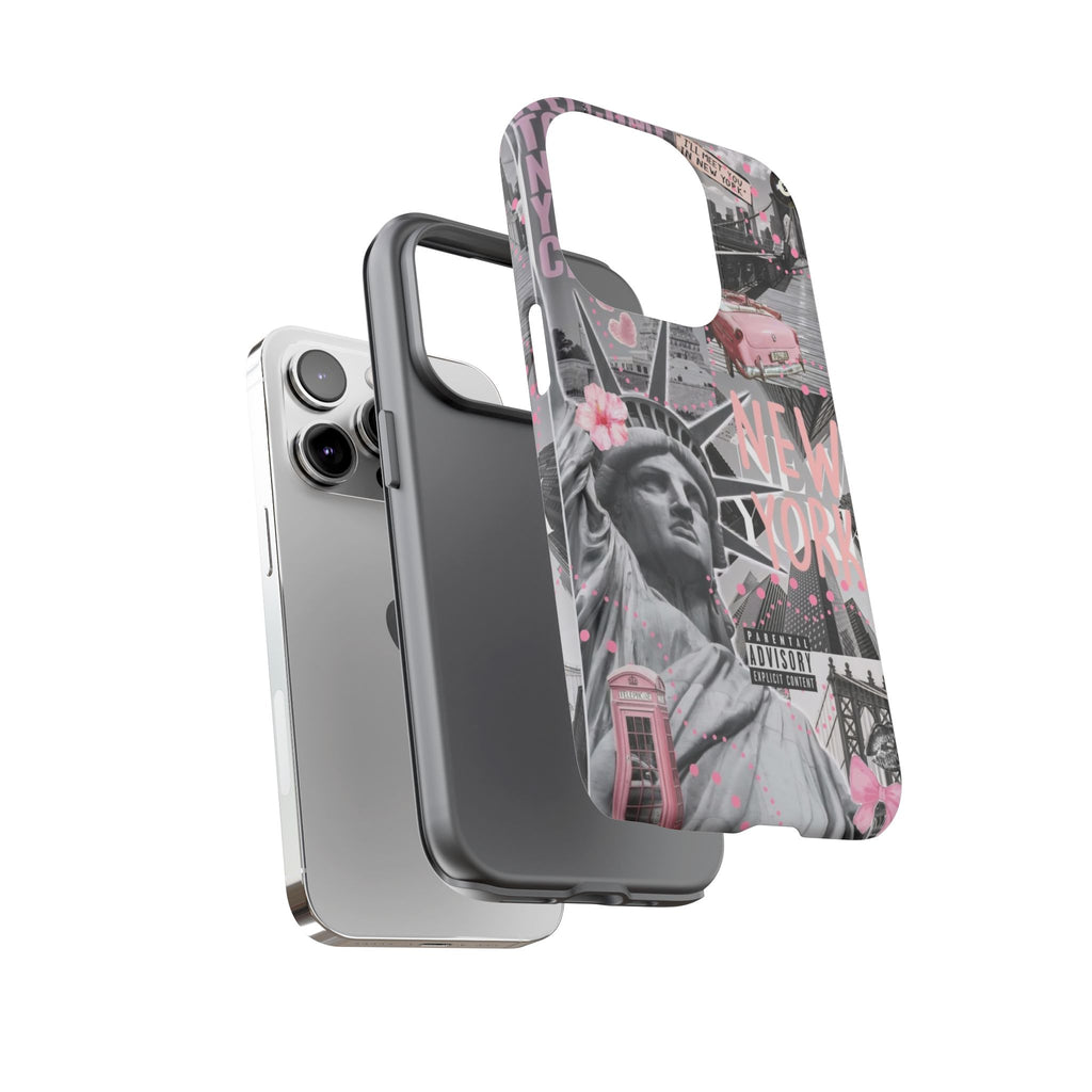 New York Collage Phone Case — Pink Retro Statue of Liberty Design
