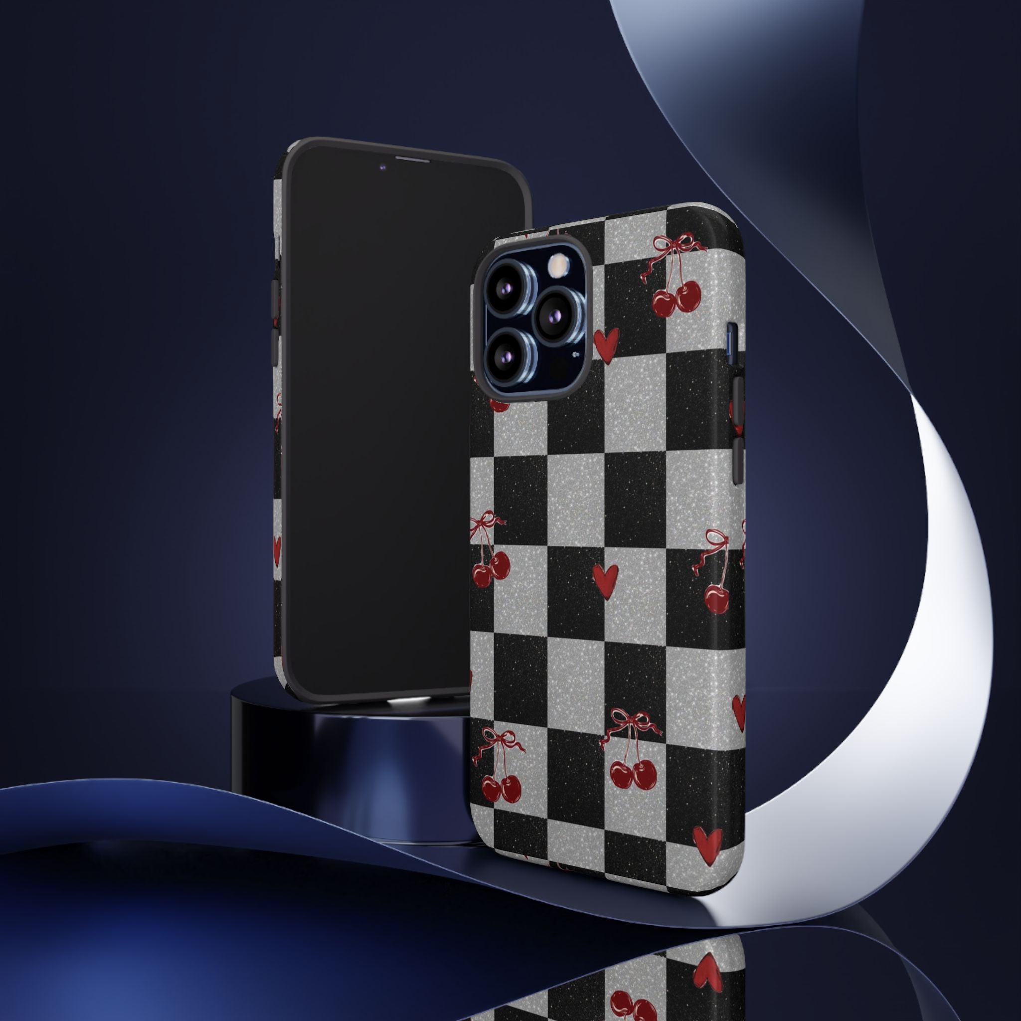 Cherry Checker Phone Case — Retro Black & White Plaid with Red Hearts
