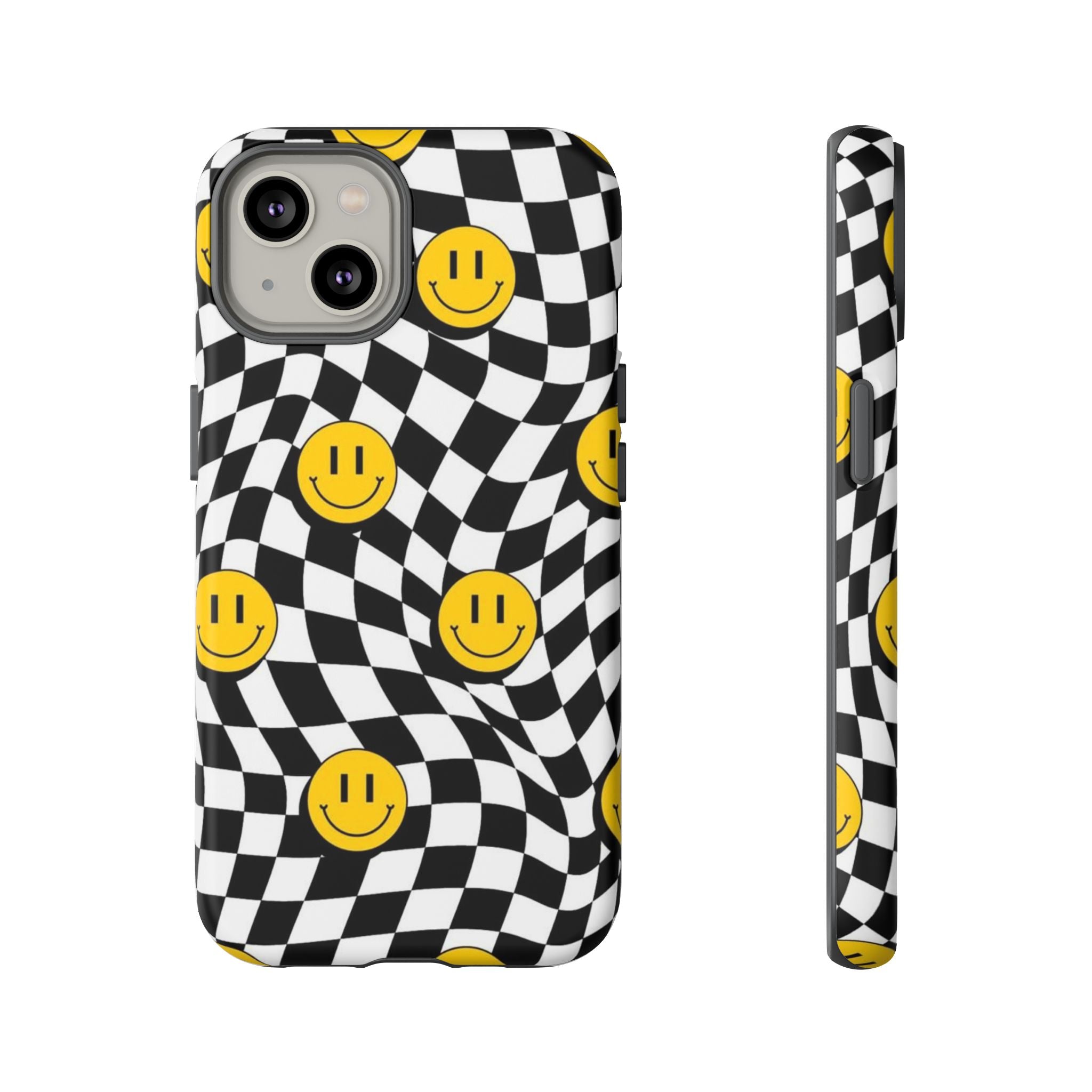 Smiley Checkerboard Tough Phone Case — Retro Wavy Black & White Design