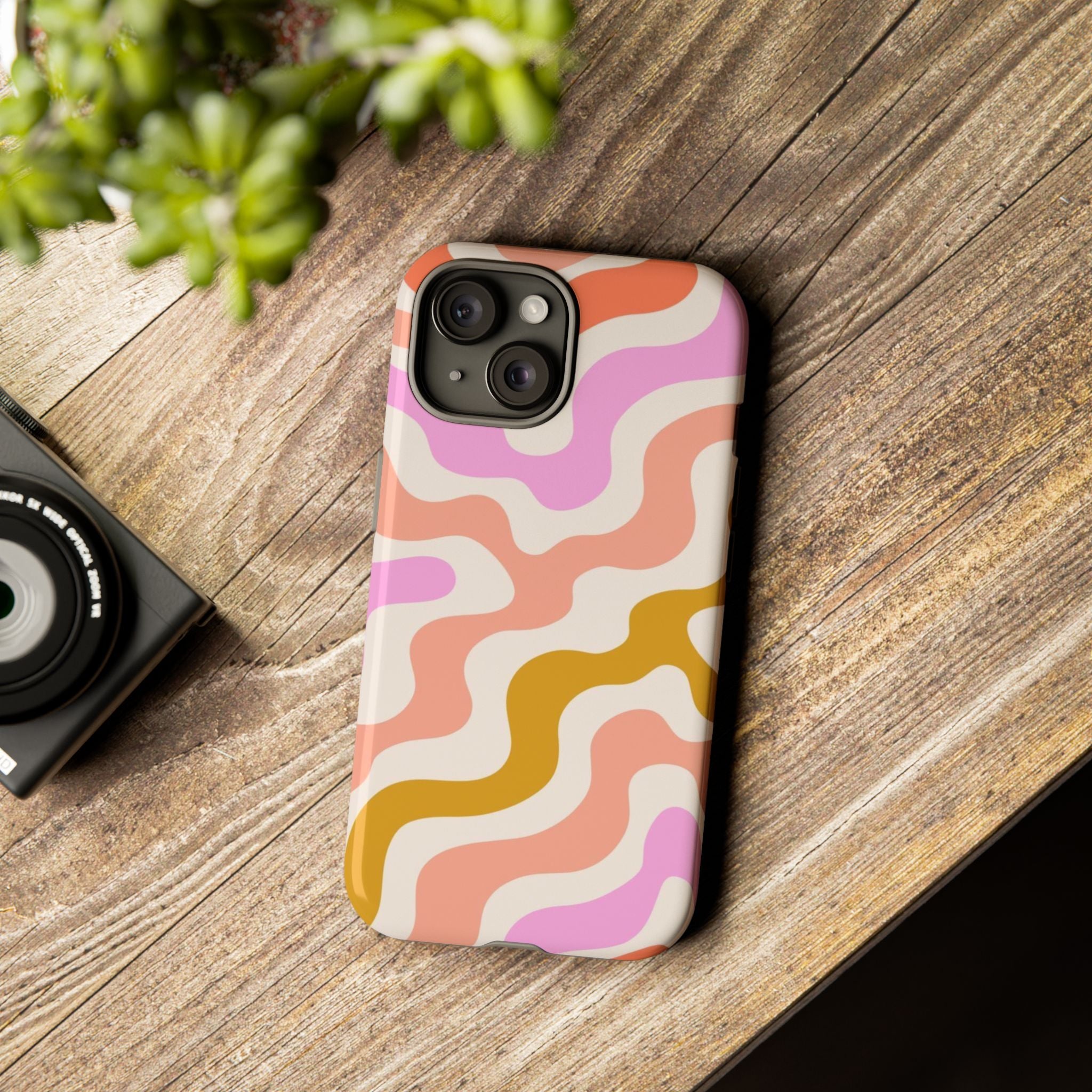 Retro Wavy Pattern Tough Phone Case — Pink, Peach & Mustard Abstract Design