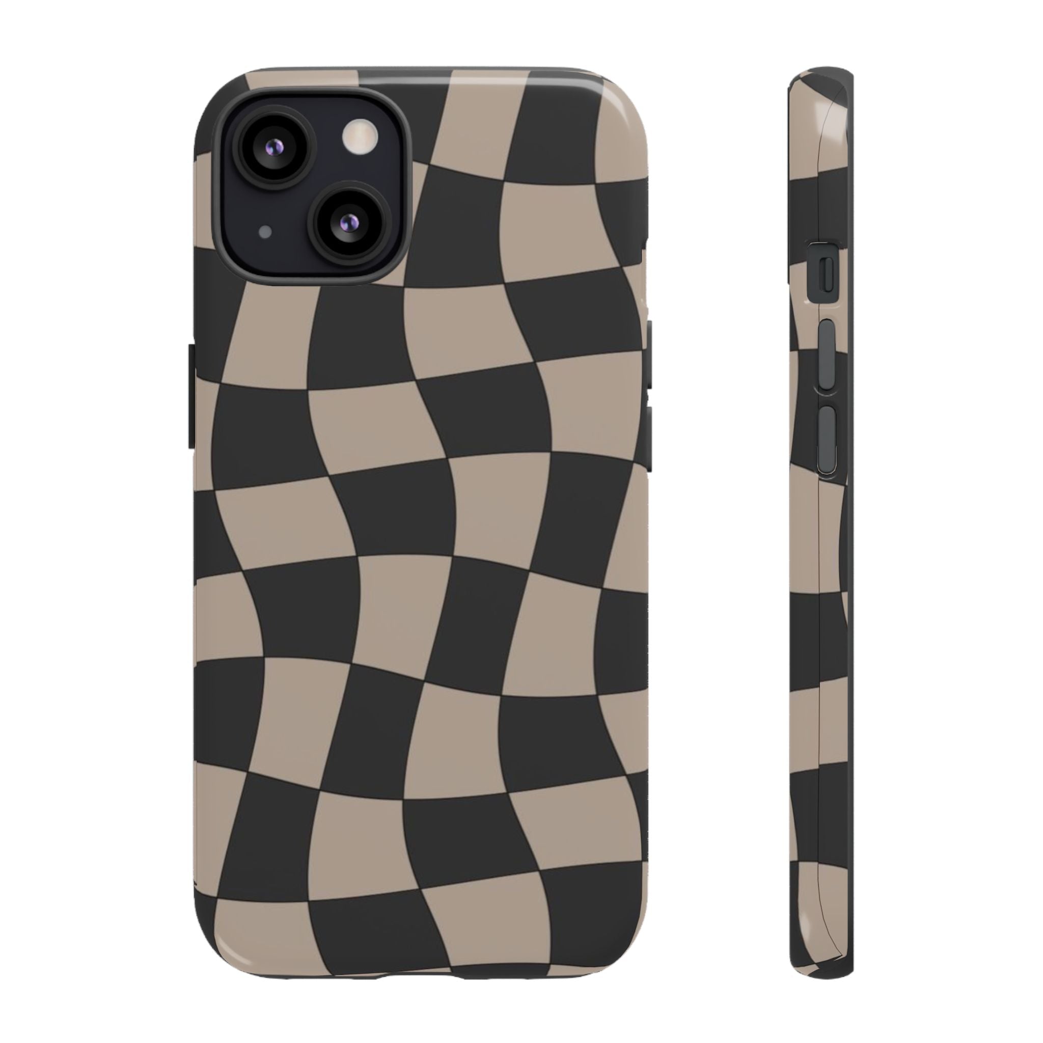 Wavy Checkerboard Phone Case — Retro Black & Beige Pattern, Durable Protective Cover