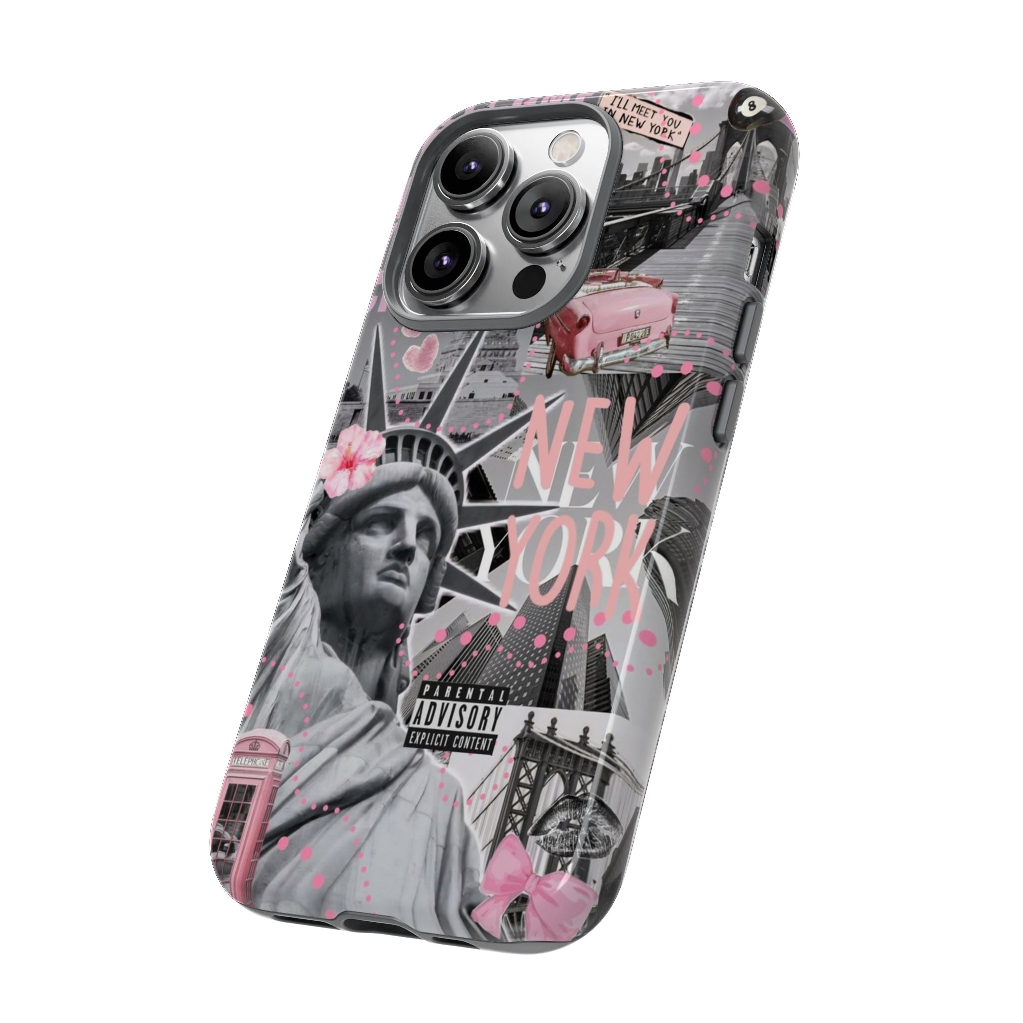New York Collage Phone Case — Pink Retro Statue of Liberty Design