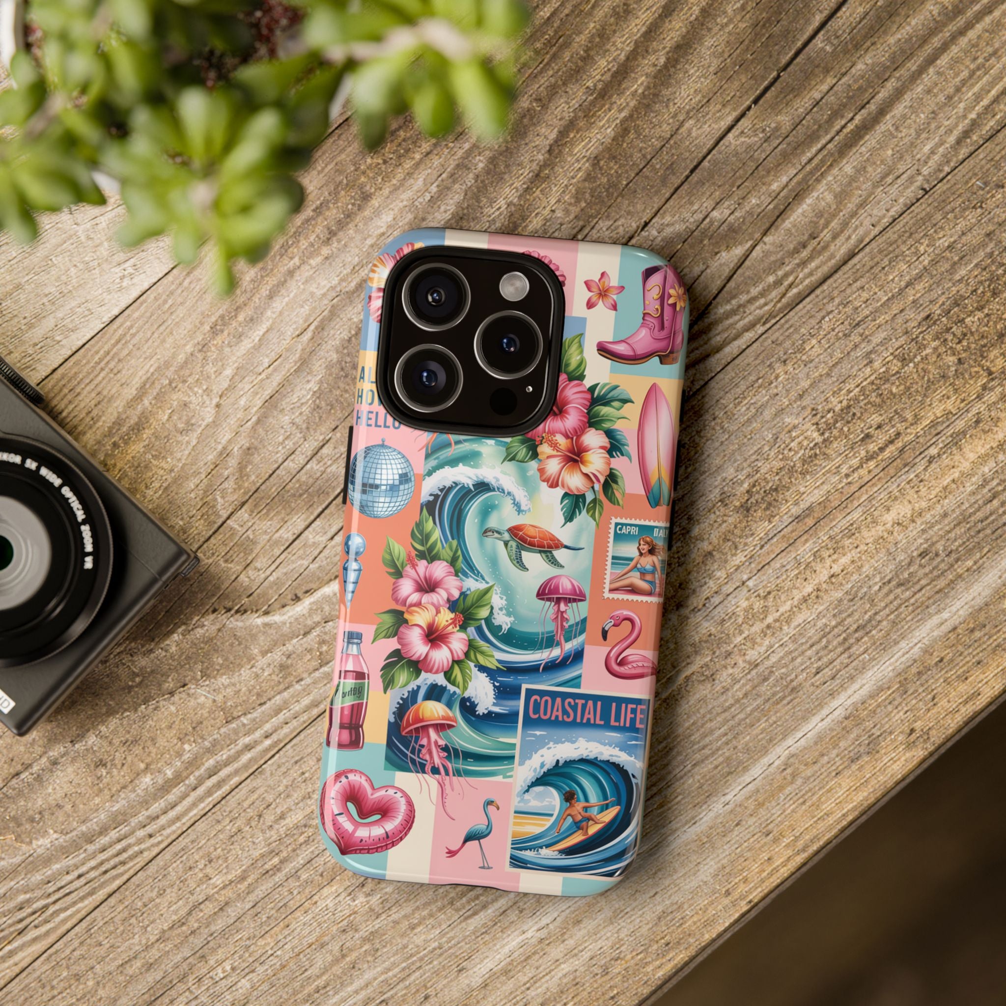 Coastal Collage Phone Case — Retro Beach Surf Floral Design