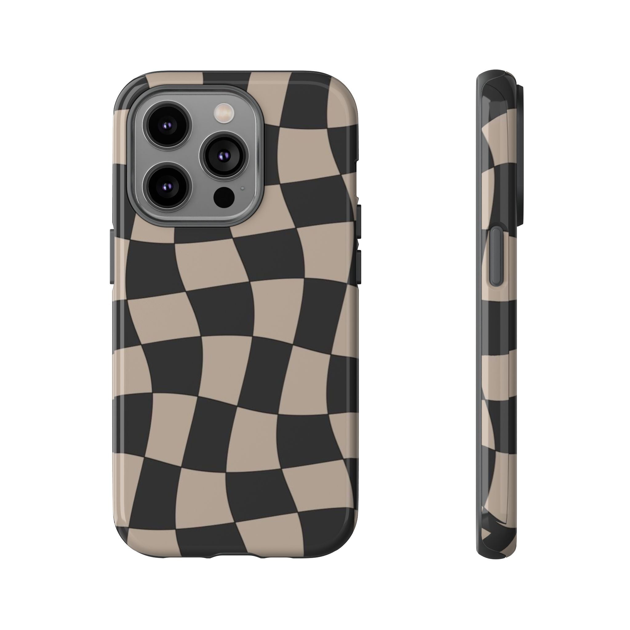 Wavy Checkerboard Phone Case — Retro Black & Beige Pattern, Durable Protective Cover