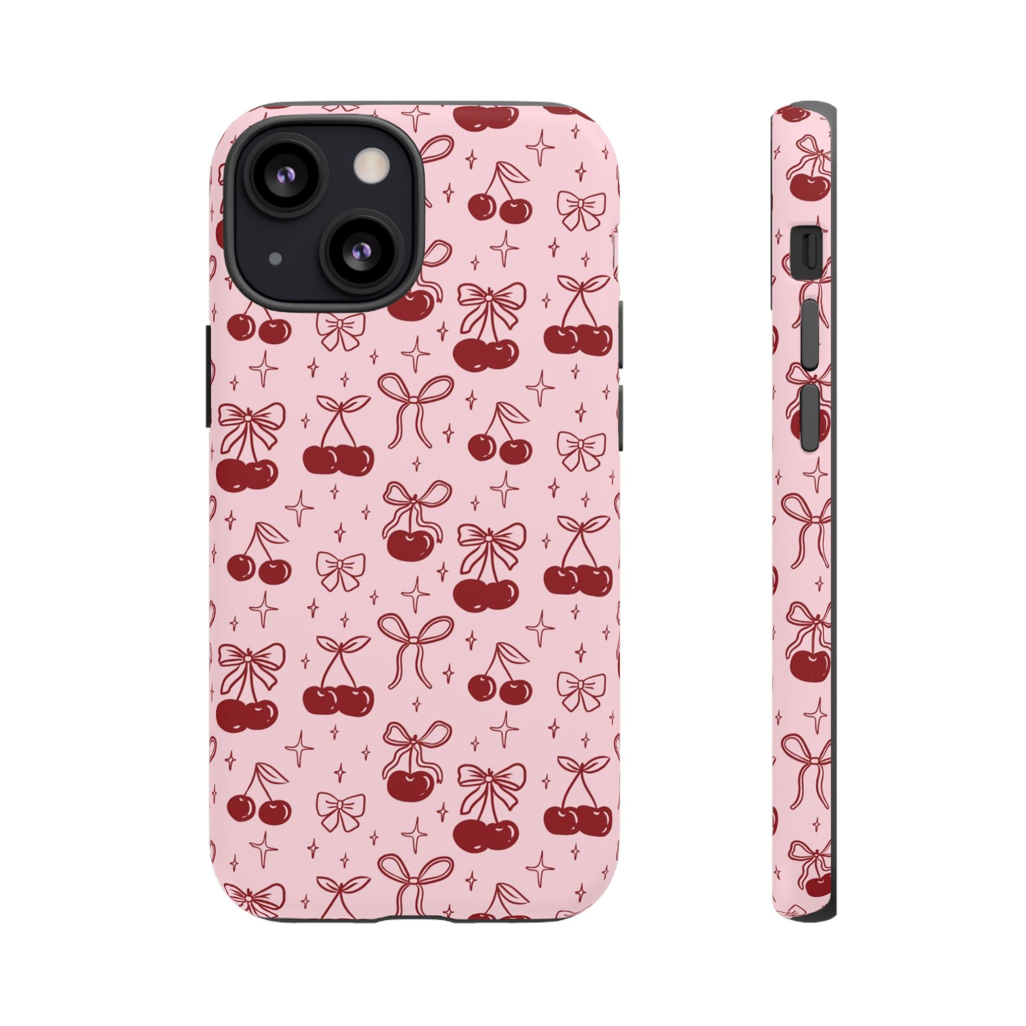 Cherry Pattern Phone Case — Cute Pink Cherries with Bows Durable Tough Case