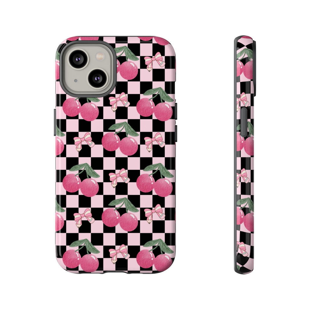 Cherry Checkered Phone Case — Pink Cherries on Black & White Checkerboard