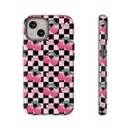 Cherry Checkered Phone Case — Pink Cherries on Black & White Checkerboard