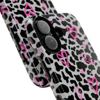 Phone Case — Black & White Cow Print with Pink Hand-Drawn Hearts