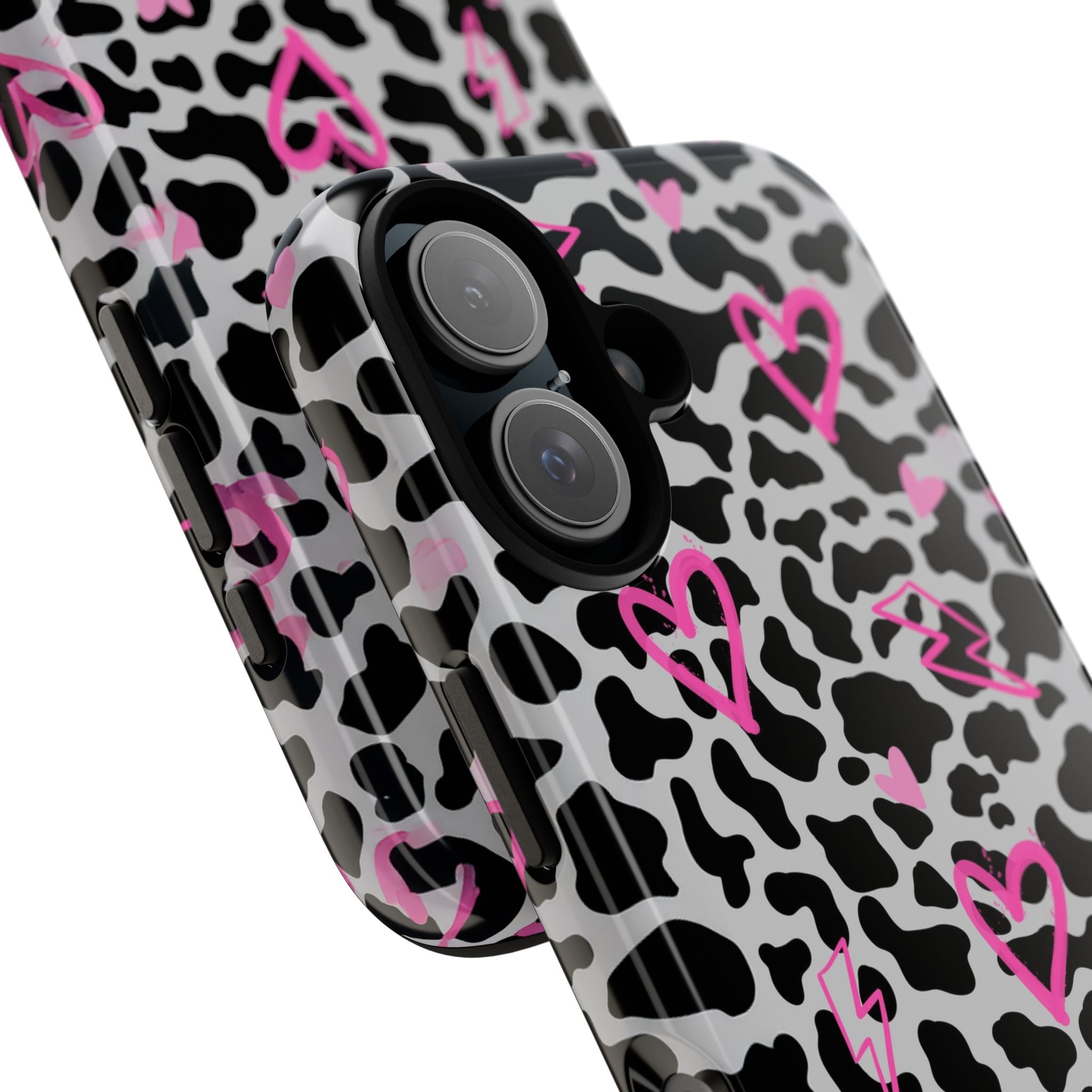 Phone Case — Black & White Cow Print with Pink Hand-Drawn Hearts