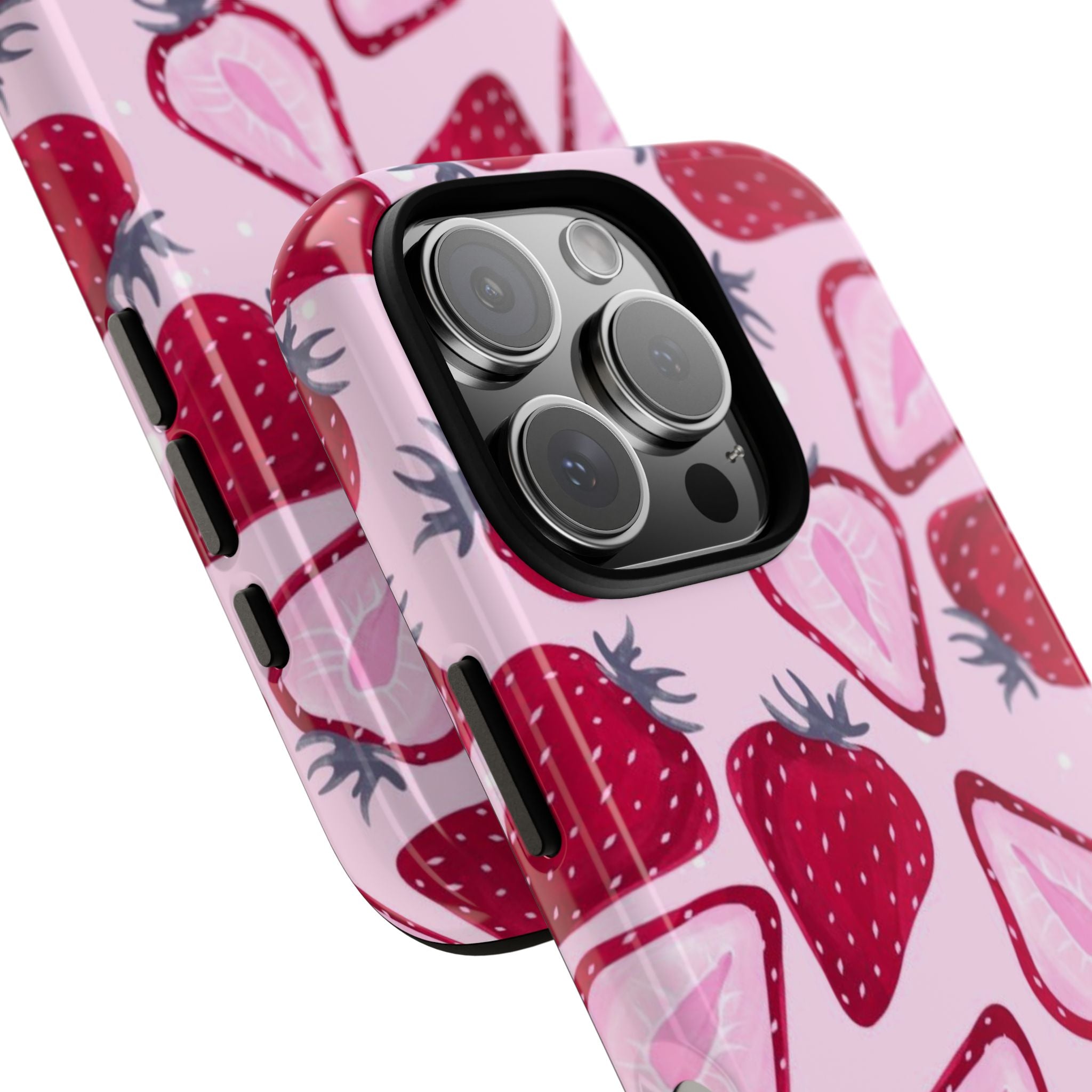 Strawberry Pattern Tough Phone Case — Pink Fruit Protective Cover