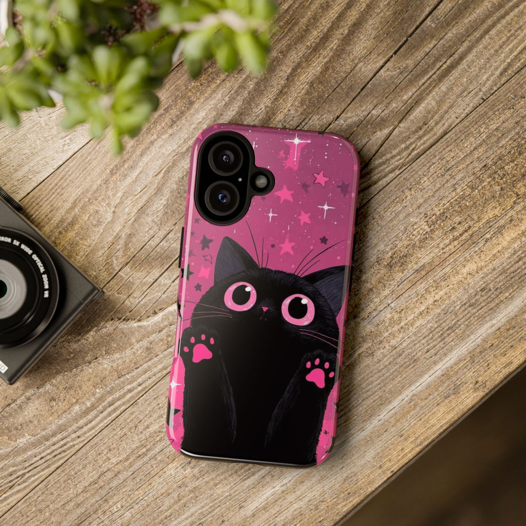 Cat Paw Pink Galaxy Phone Case — Cute Black Kitten iPhone Cover