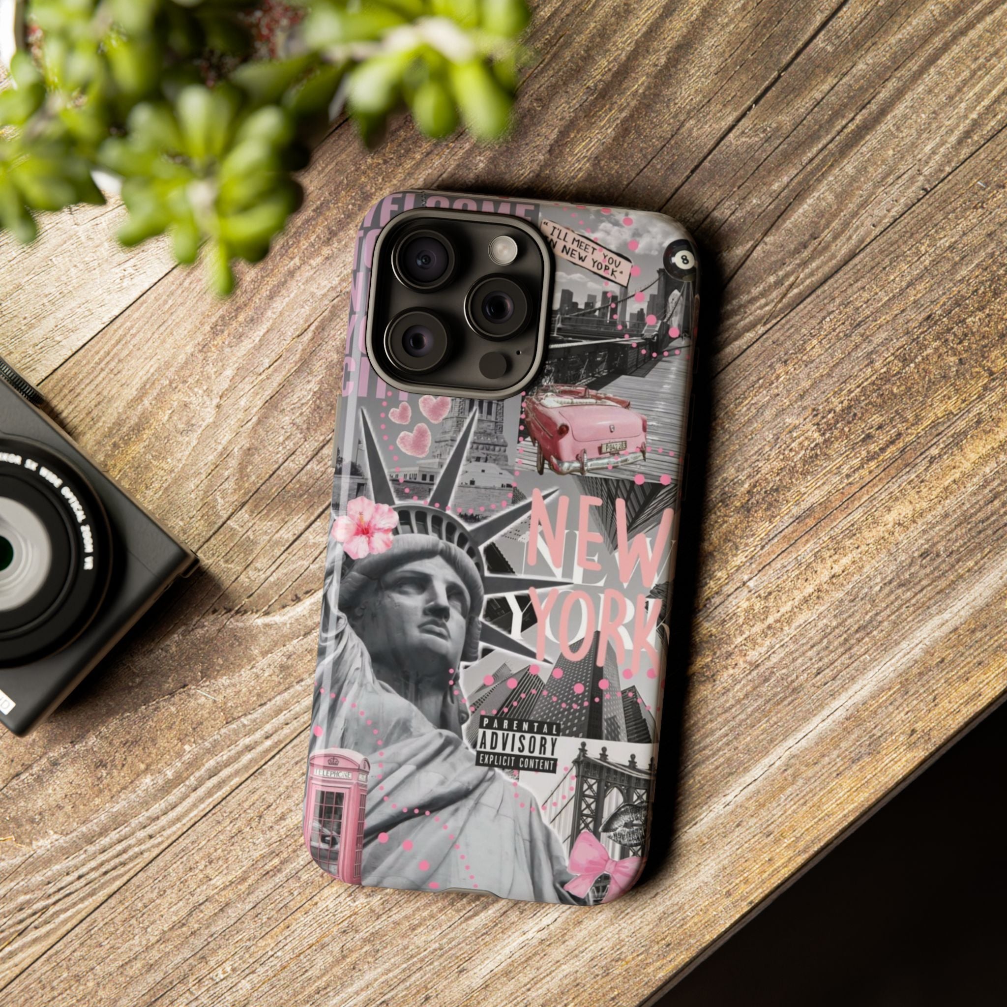 New York Collage Phone Case — Pink Retro Statue of Liberty Design
