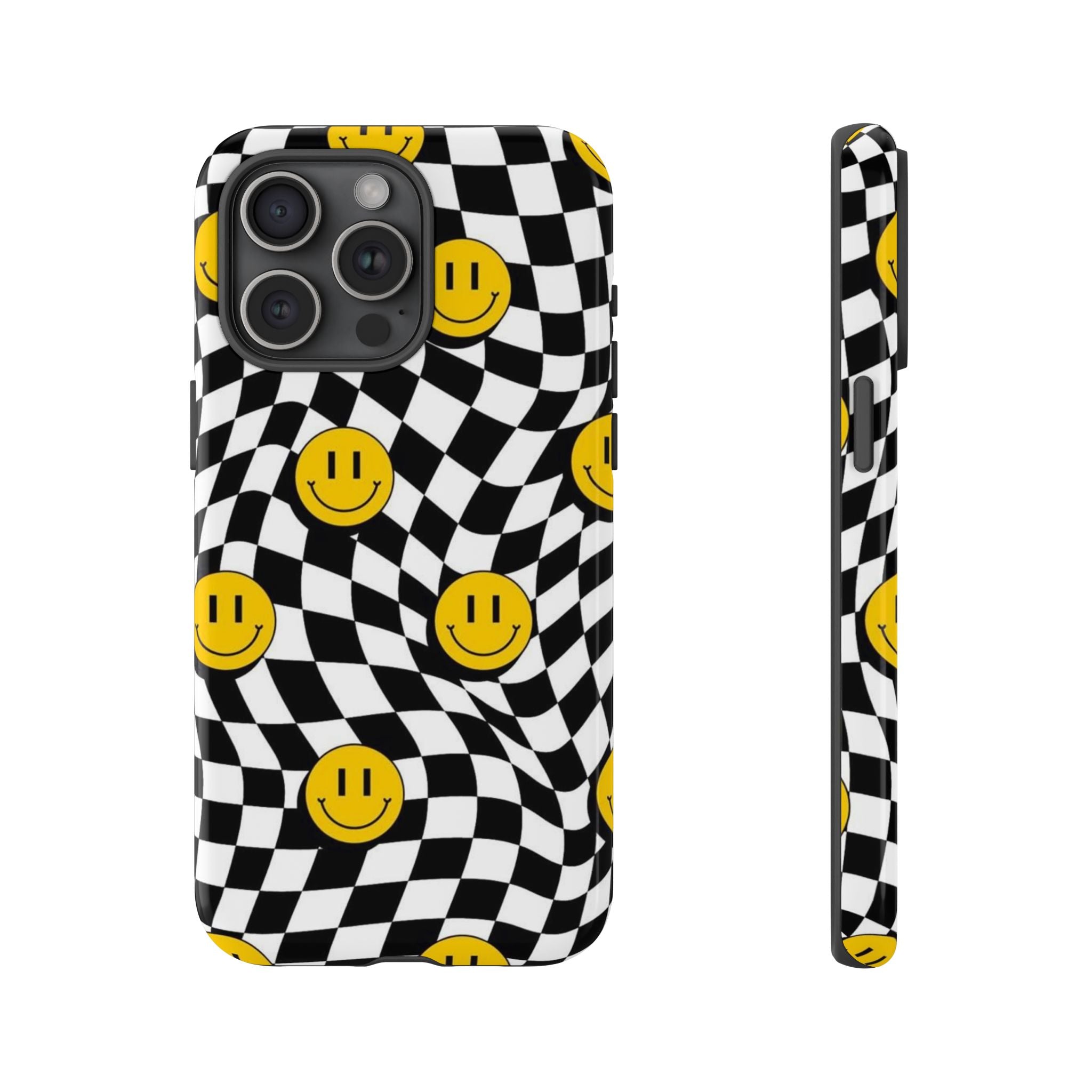 Smiley Checkerboard Tough Phone Case — Retro Wavy Black & White Design