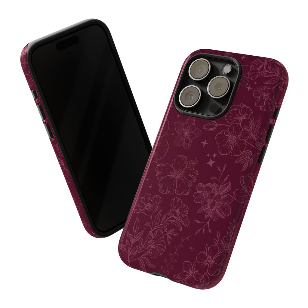 Burgundy Floral Tough Phone Case — Protective Hibiscus Pattern