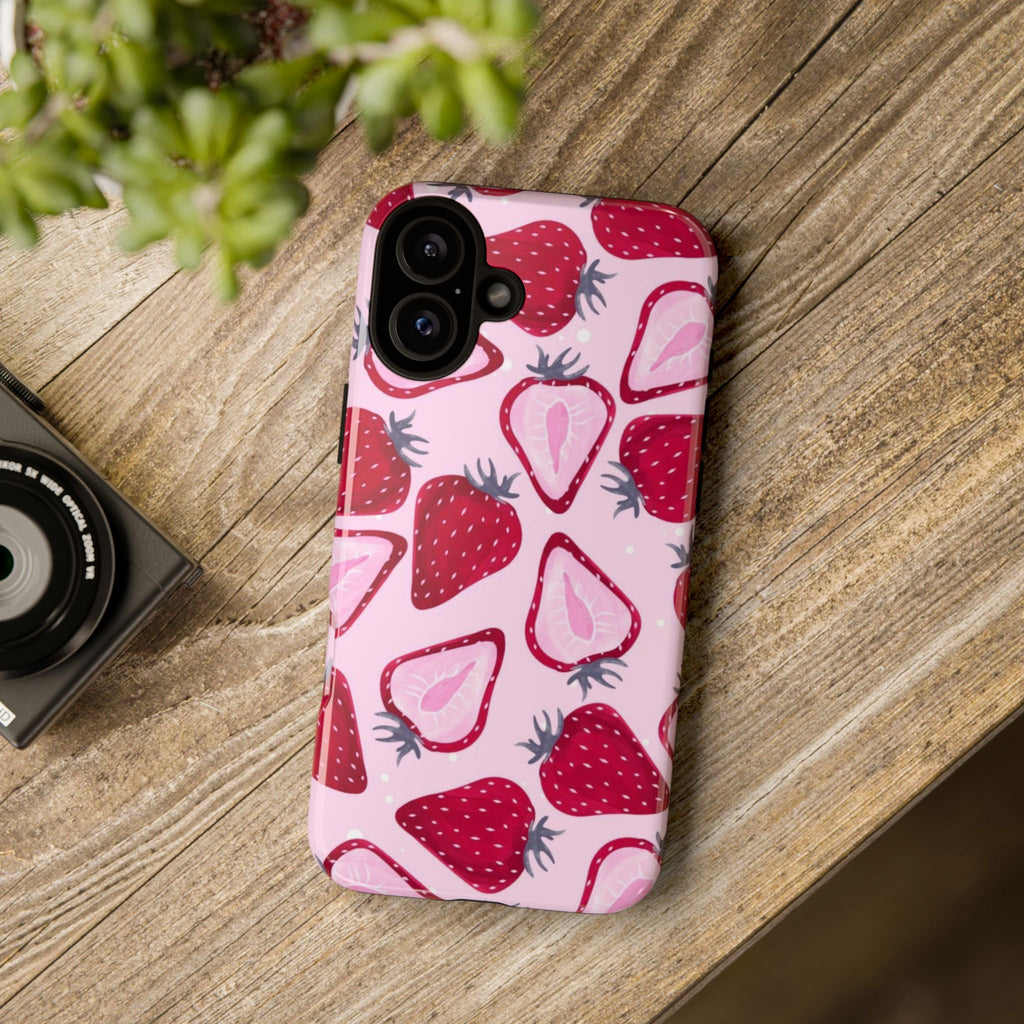Strawberry Pattern Tough Phone Case — Pink Fruit Protective Cover