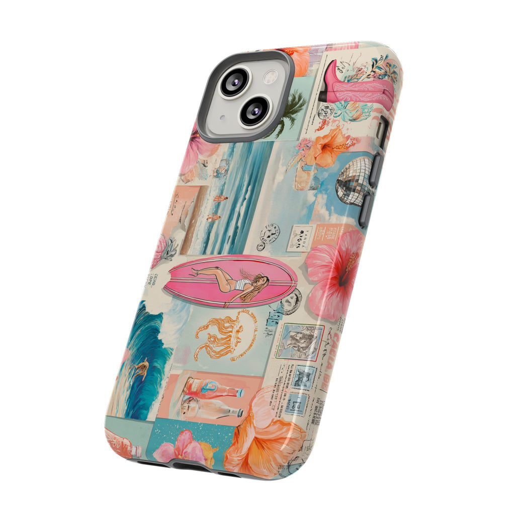 Tropical Surf Collage Phone Case — Vintage Hawaiian Floral & Surfboard Design