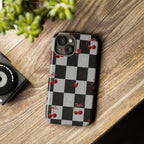 Cherry Checker Phone Case — Retro Black & White Plaid with Red Hearts