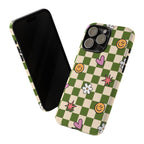 Green Checkered Floral & Smile Phone Case — Cute Heart, Daisy & Smile Pattern