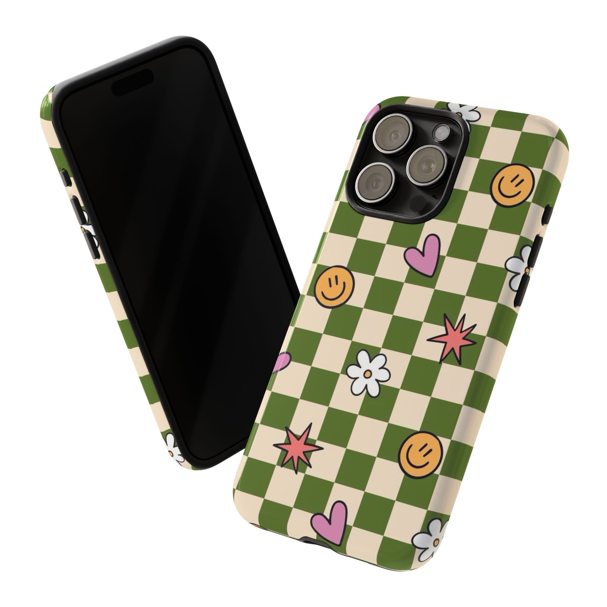 Green Checkered Floral & Smile Phone Case — Cute Heart, Daisy & Smile Pattern
