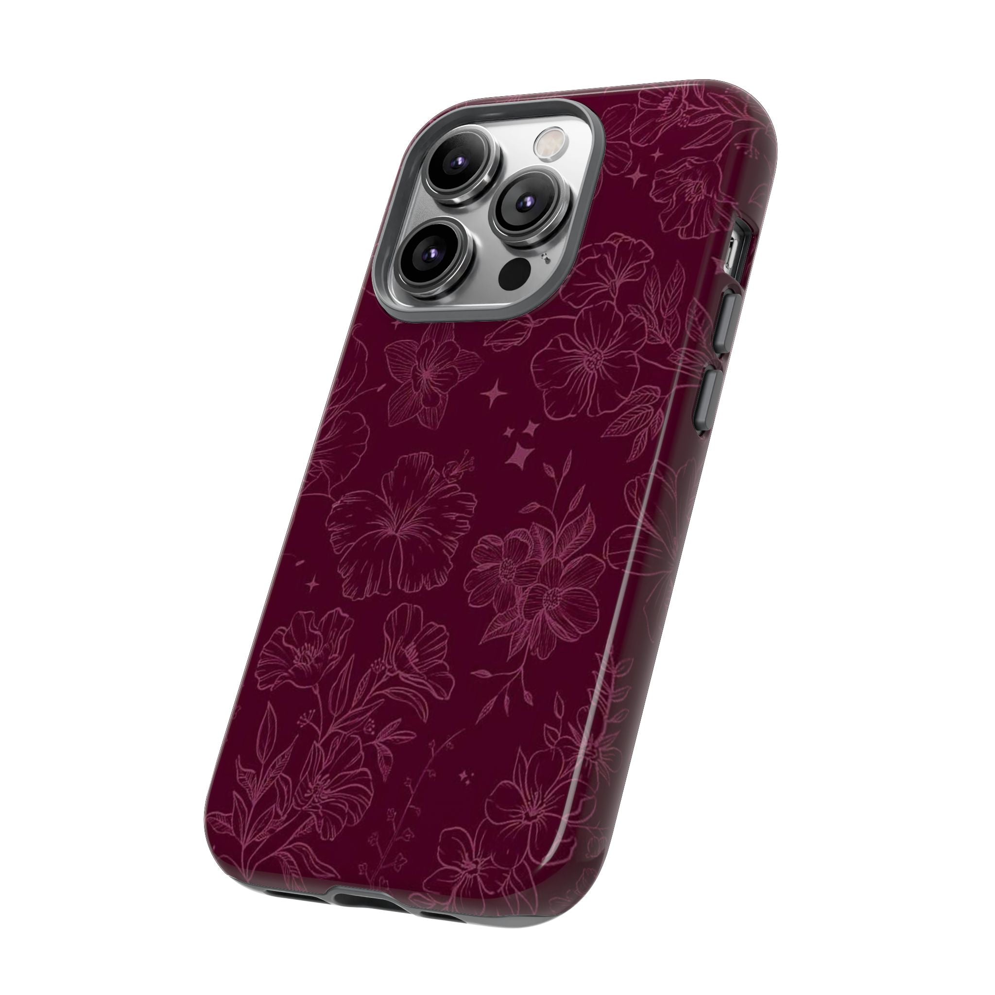 Burgundy Floral Tough Phone Case — Protective Hibiscus Pattern