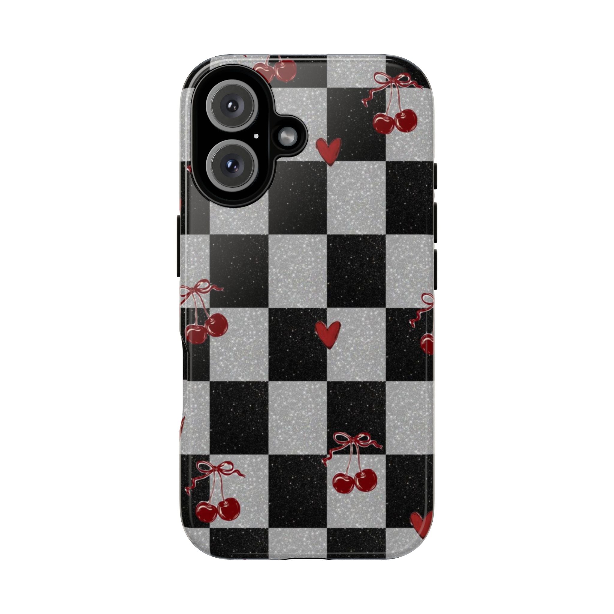 Cherry Checker Phone Case — Retro Black & White Plaid with Red Hearts