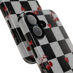 Cherry Checker Phone Case — Retro Black & White Plaid with Red Hearts