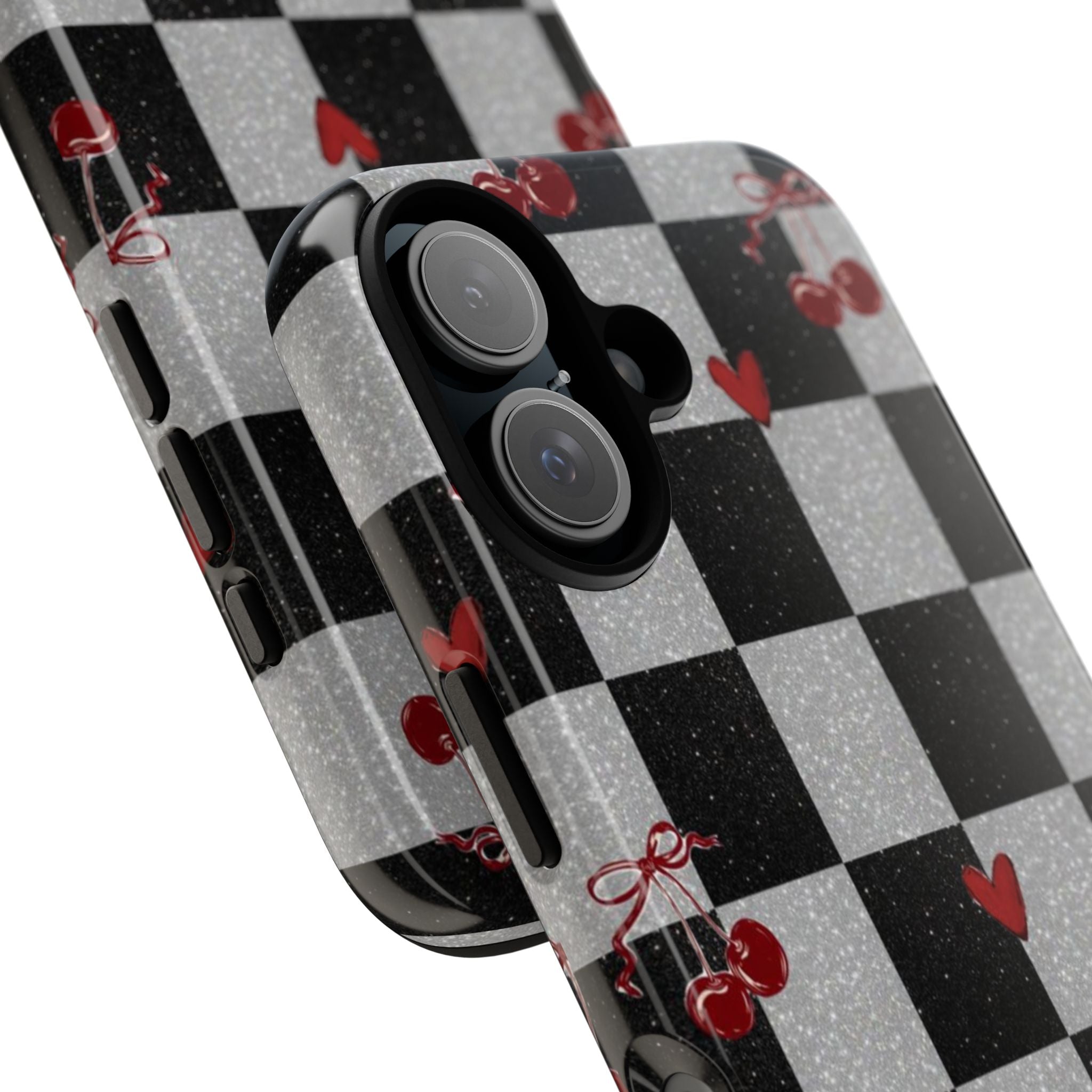 Cherry Checker Phone Case — Retro Black & White Plaid with Red Hearts