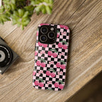 Cherry Checkered Phone Case — Pink Cherries on Black & White Checkerboard